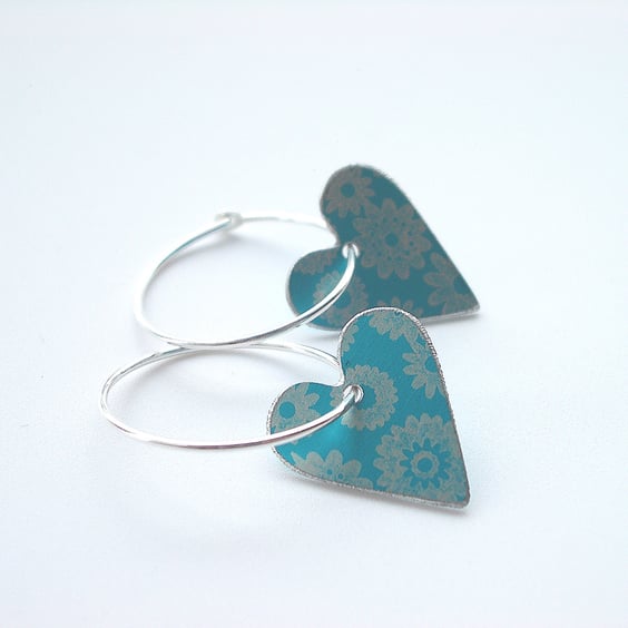 Heart hoop earrings in turquoise with ditsy flower print
