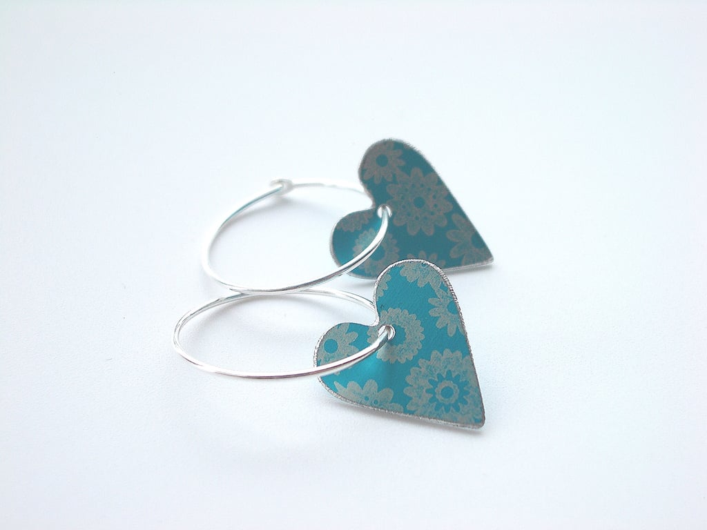 Heart hoop earrings in turquoise with ditsy flower print