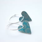 Heart hoop earrings in turquoise with ditsy flower print