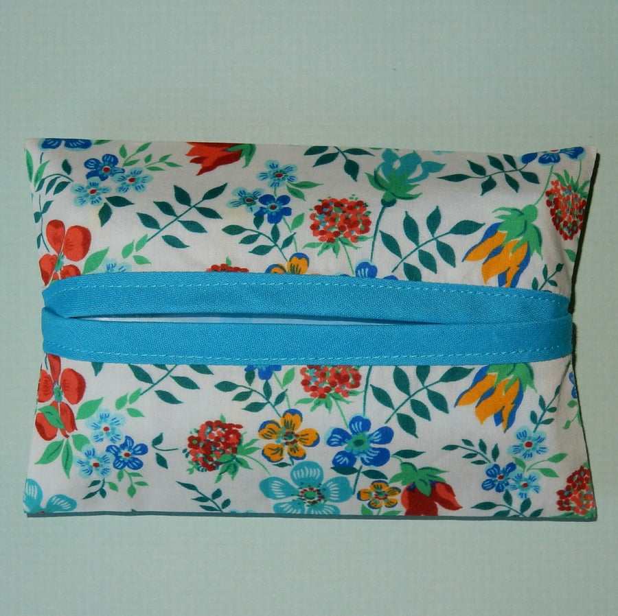 Pocket tissue holder - Liberty print turquoise and white