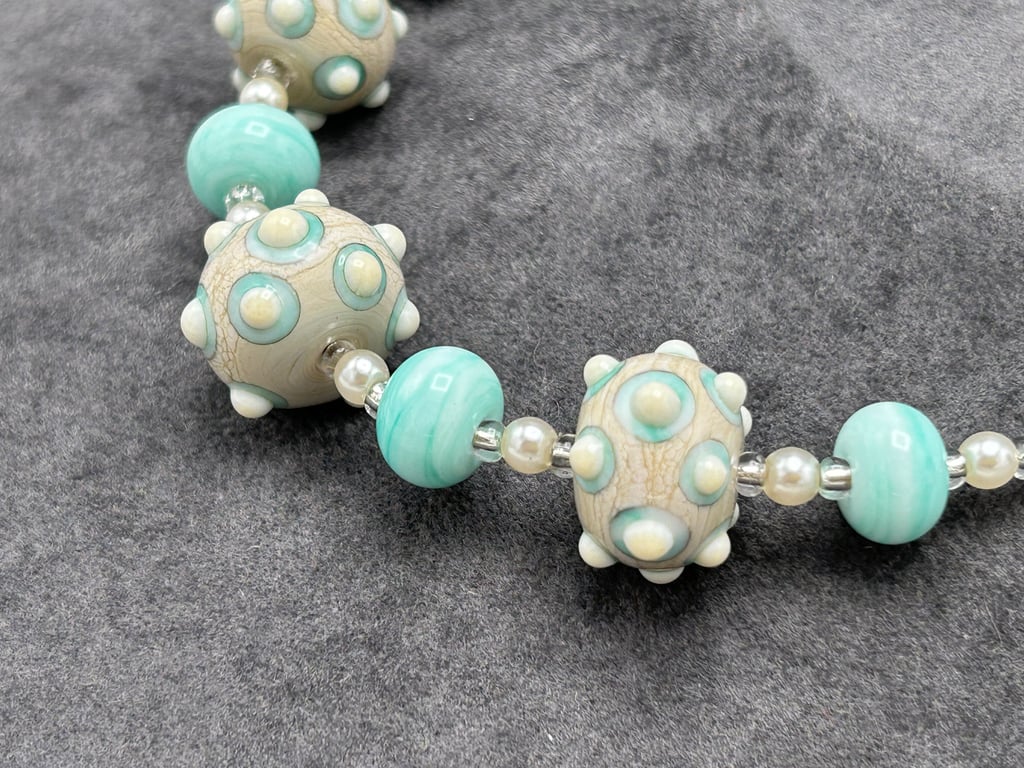 mint green and cream bumpy lampwork glass beaded necklace