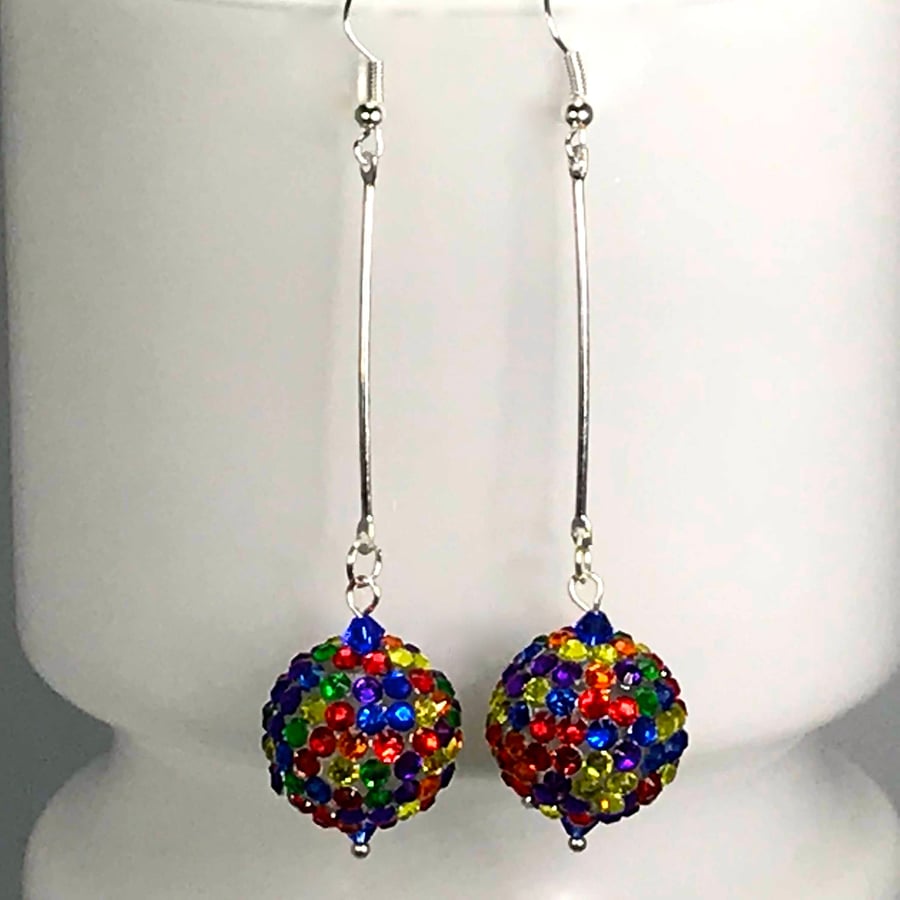 DISCO BALL EARRINGS glitter crystal bar drop rainbow kawaii swarovski