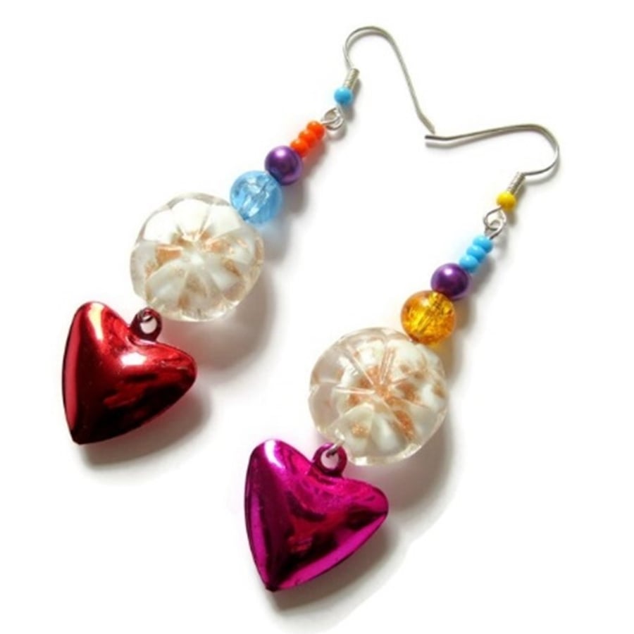 Red & Pink Heart Earrings Boho Beaded Mismatched Non Matching Unique Danglies