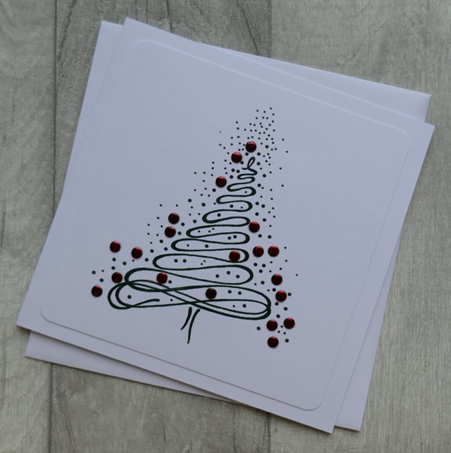 Modern Green Christmas Tree with Red Enamel Dots - Christmas Card