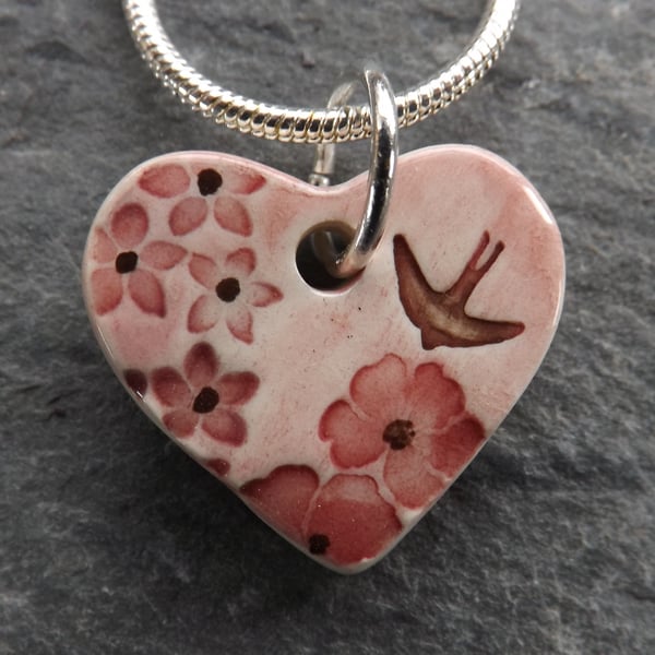 Handmade Ceramic Summer Garden Heart Pendant in pink and lilac