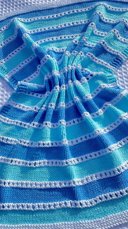 Pale blue and aqua striped baby blanket in 100% cotton 