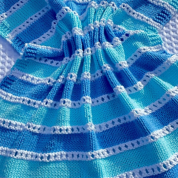 Pale blue and aqua striped baby blanket in 100% cotton 