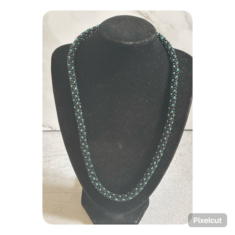 Black and turquoise polka dot beaded kumihimo necklace 