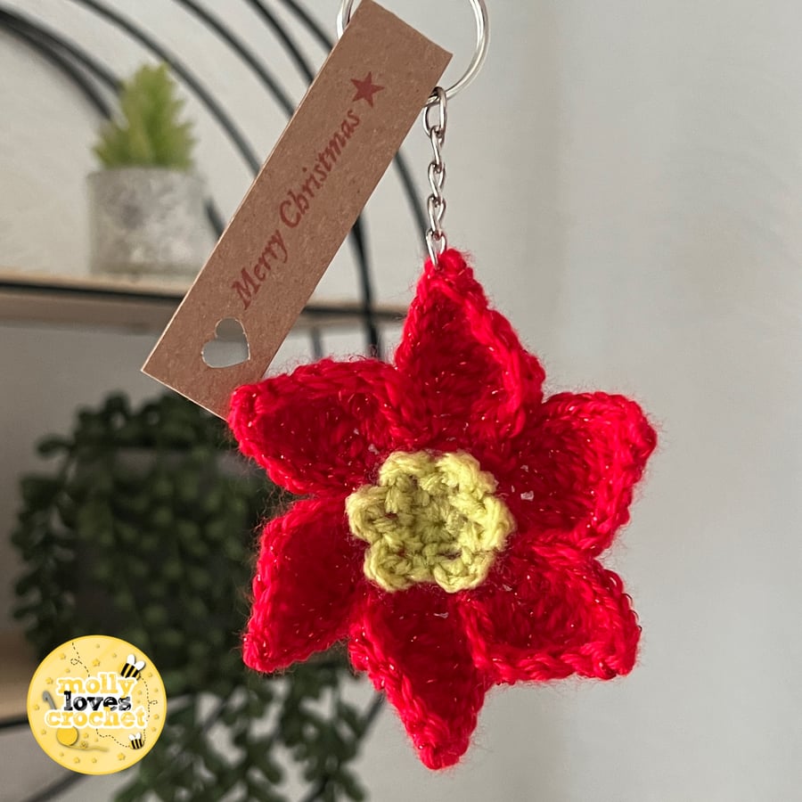 Crochet Sparkly Christmas Poinsettia Flower Keyring 
