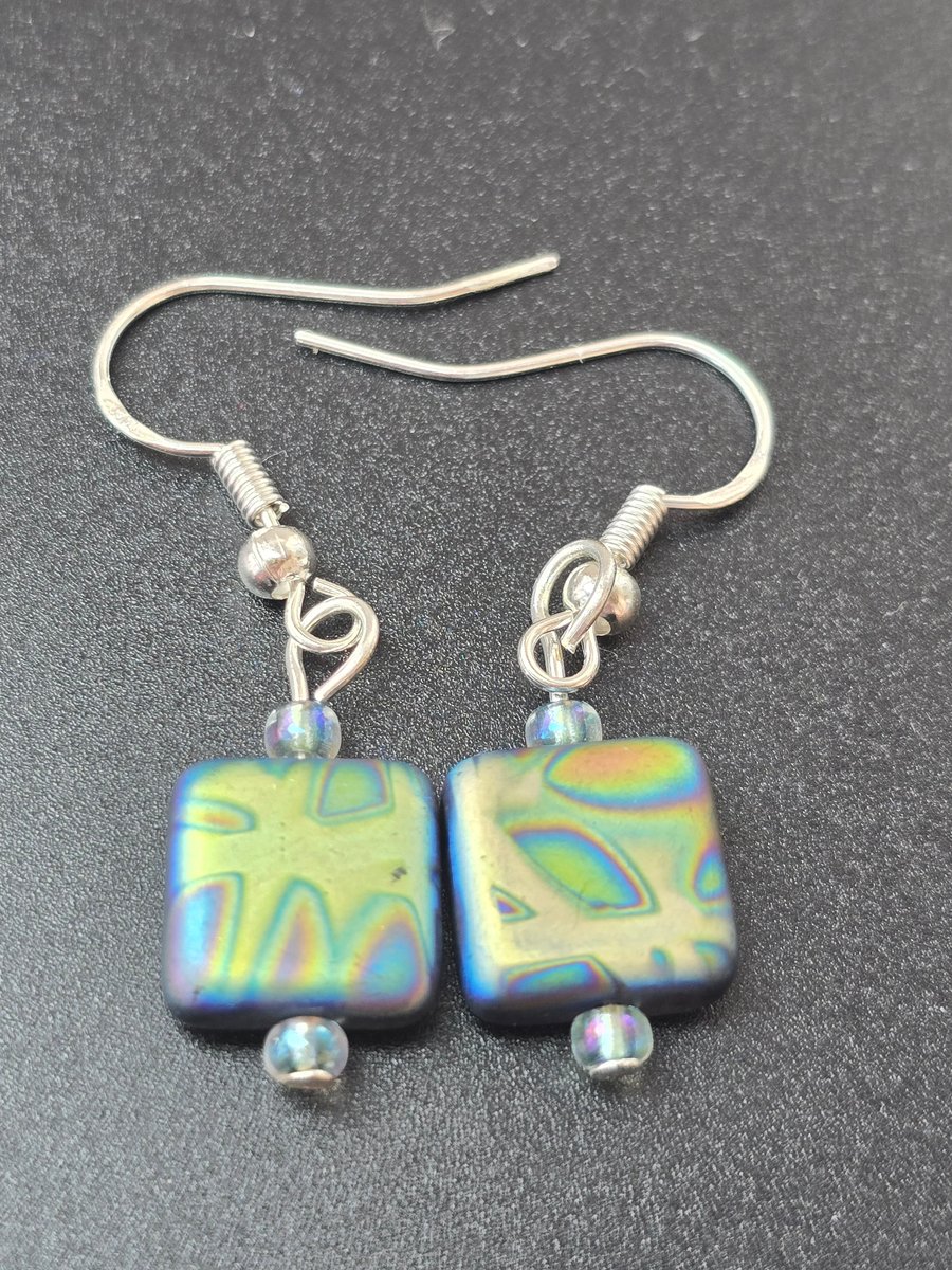 Peacock czech glass cubed earrings - yellow