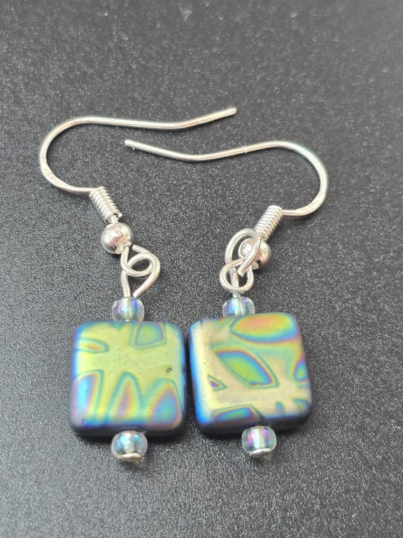 Peacock czech glass cubed earrings - yellow