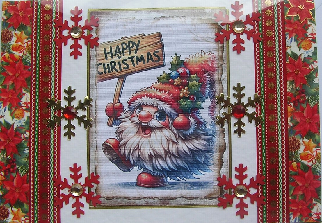 Hand Crafted Decoupage Chistmas Card - Happy Christmas (2972) Xmas Gnome