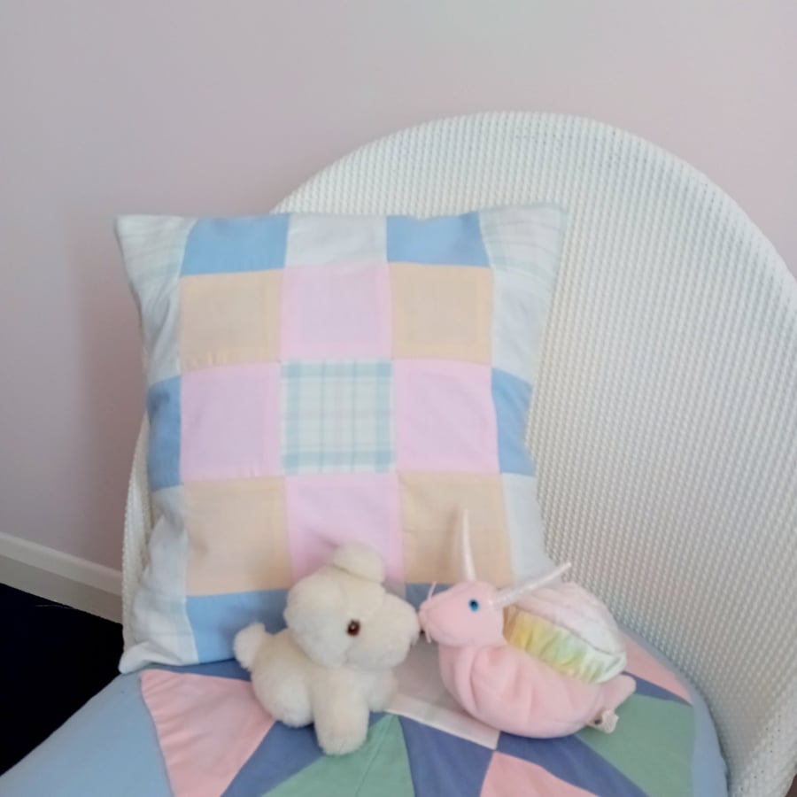 Pastel patchwork cushion cover. Pink, blue & peach. 37x37 cm. Wrapover back. 