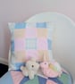 Pastel patchwork cushion cover. Pink, blue & peach. 37x37 cm. Wrapover back. 