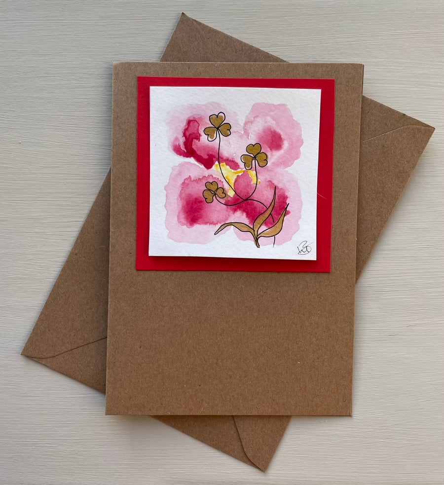 Greetings Card blank, original art, pink and gold abstract card.