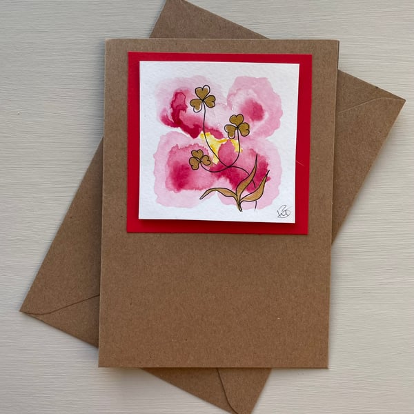 Greetings Card blank, original art, pink and gold abstract card.