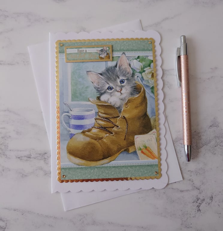 Have a Purrfect Day Birthday Kitten Cat Boot Flowers 3D Luxury Handmade Card