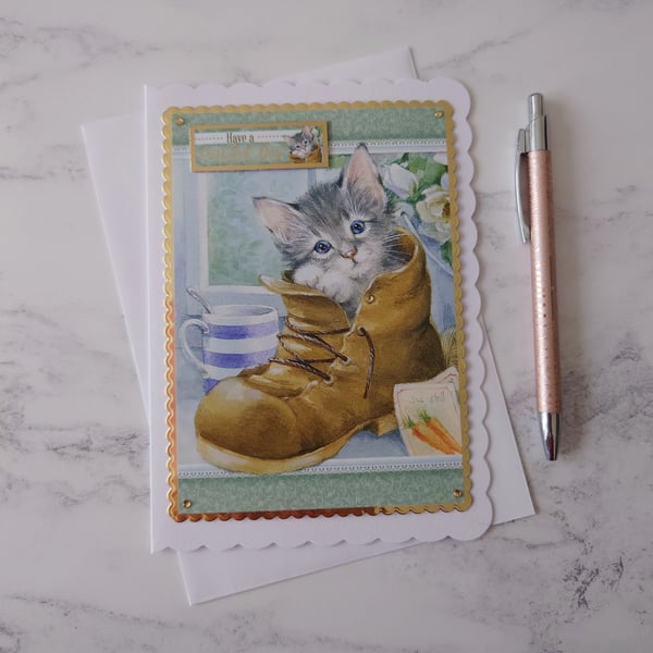 Have a Purrfect Day Birthday Kitten Cat Boot Flowers 3D Luxury Handmade Card