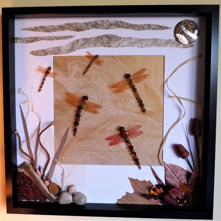 Sunset Squadron Beaded Dragonflies Shadow Box Art