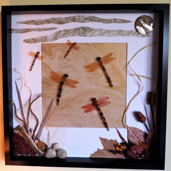 Sunset Squadron Beaded Dragonflies Box Frame Art