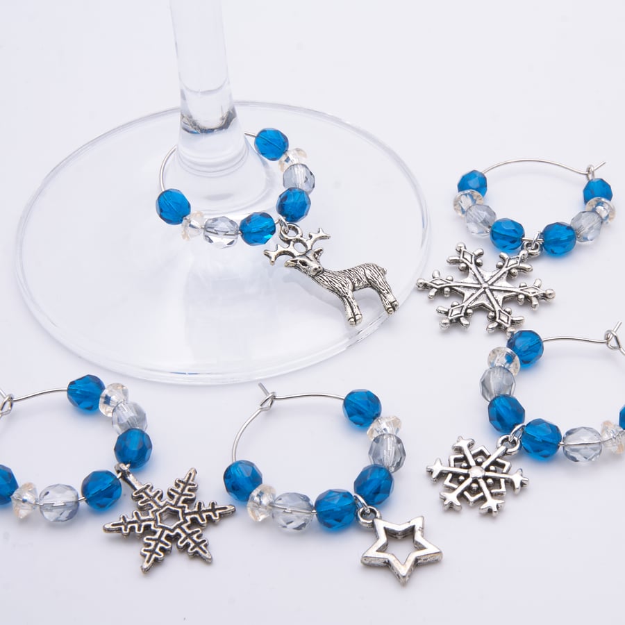 Festive Wine Glass Charms Set of 5 with Blue Glass Beads