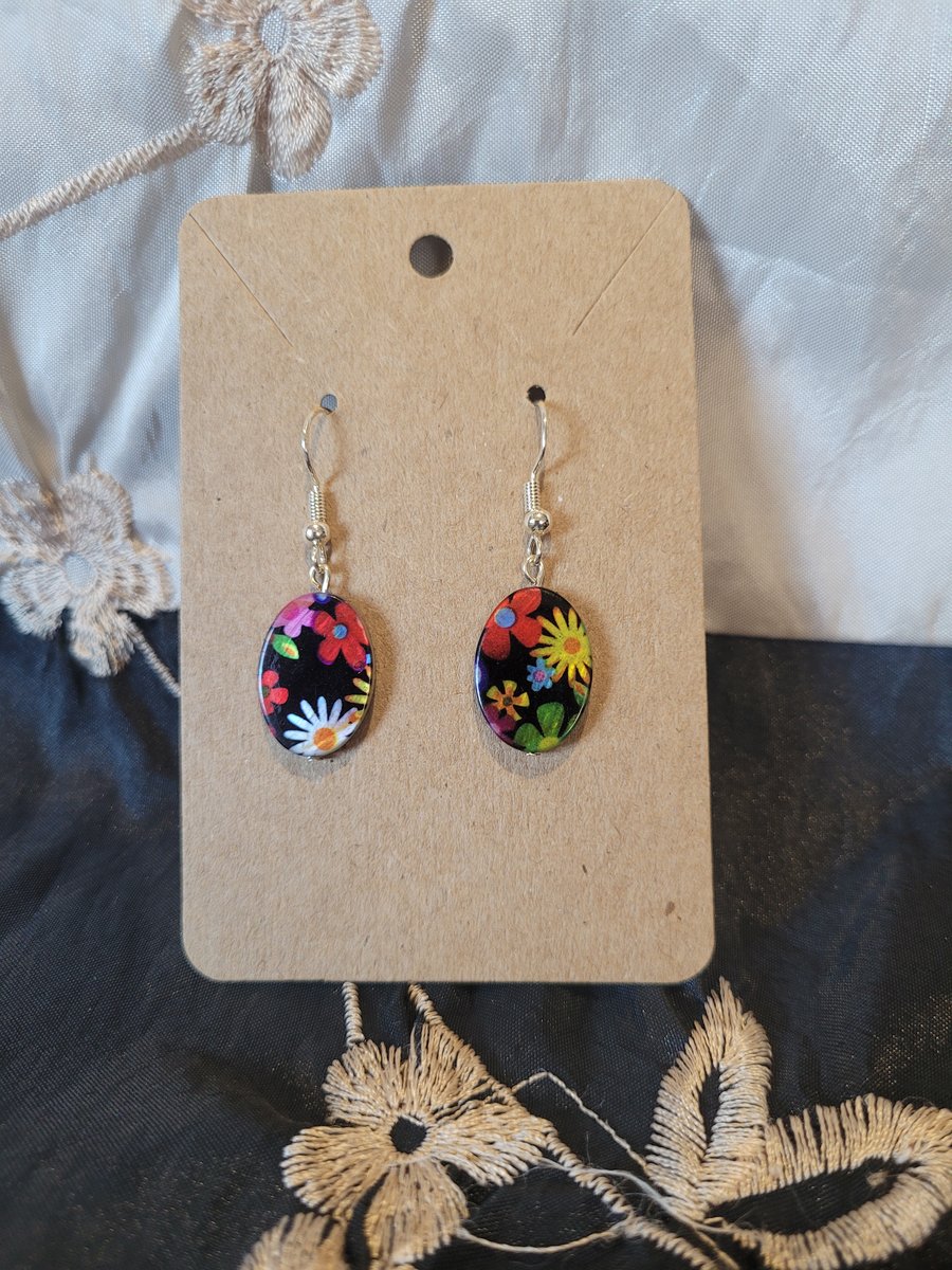 S925 Sterling Silver Earrings - Black Flower Pattern Type 1