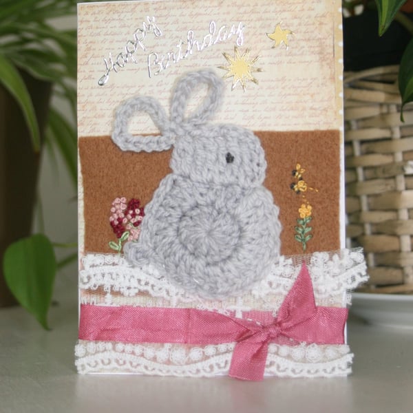 Pretty Cosy Crochet Rabbit Card - Embroidery Rabbit Card - Birthday Card
