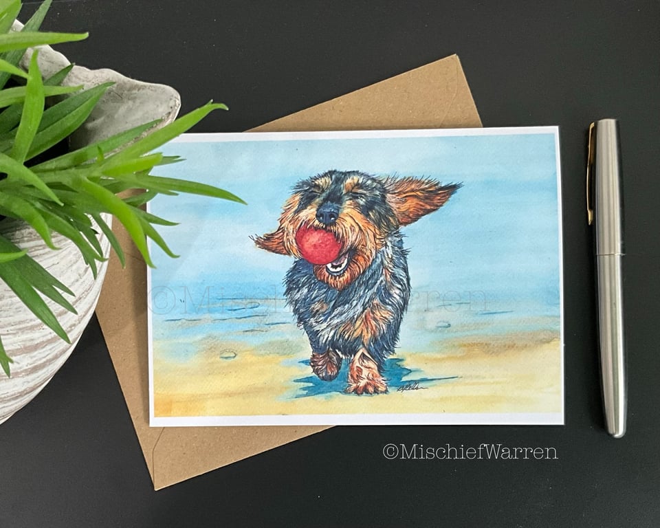 Dachshund watercolour art card. Happy wire haired dachshund card. 