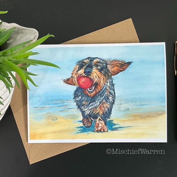 Dachshund watercolour art card. Happy wire haired dachshund card. 