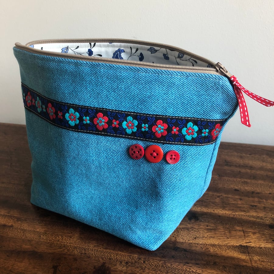 Recycled denim and vintage braid zip bag