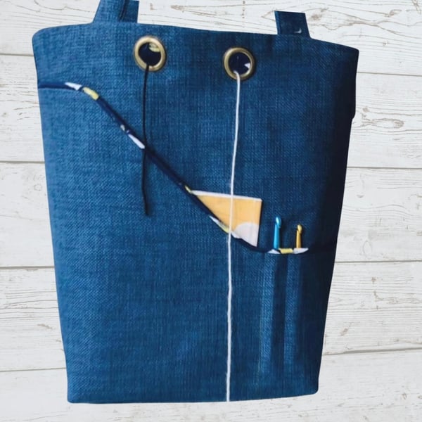Knitting project bag , navy bees