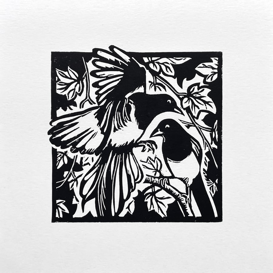 Two for Joy - Magpie linocut print