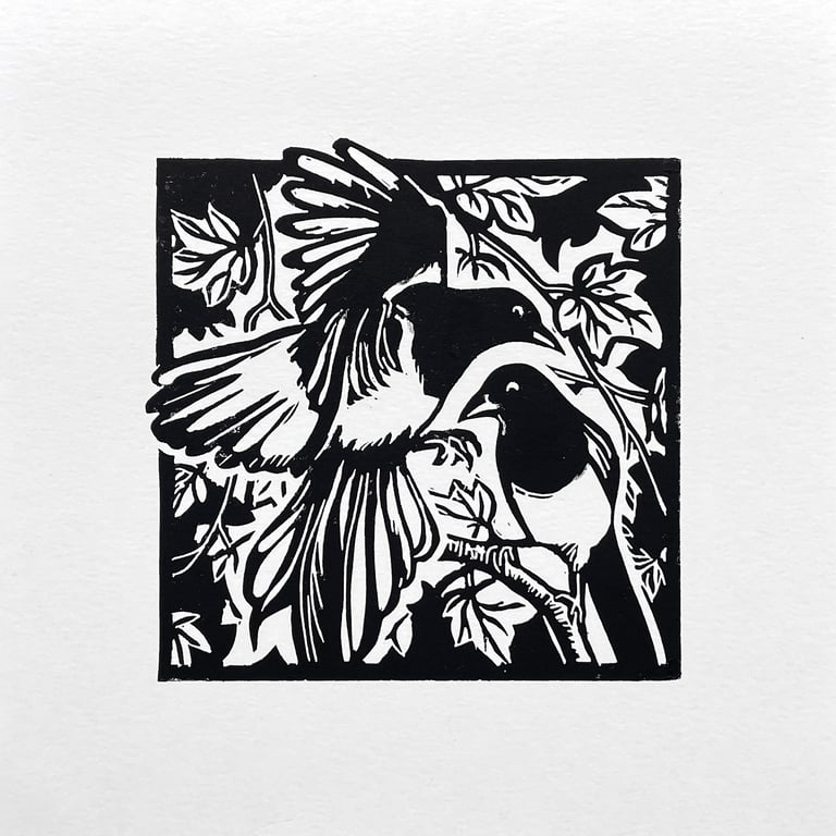 Two for Joy - Magpie linocut print