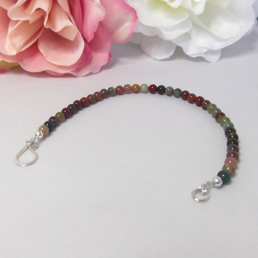 Fancy Jasper gemstone bracelet of small round beads with sterling silver clasp