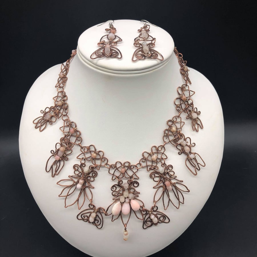 Celtic Nouveau Pink Opal and Morganite wire weave necklace on copper