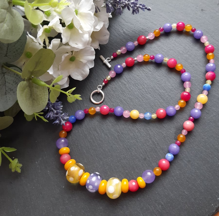 Colourful Summer Beaded Necklace With Semi Precious Gemstones and Glass Beads