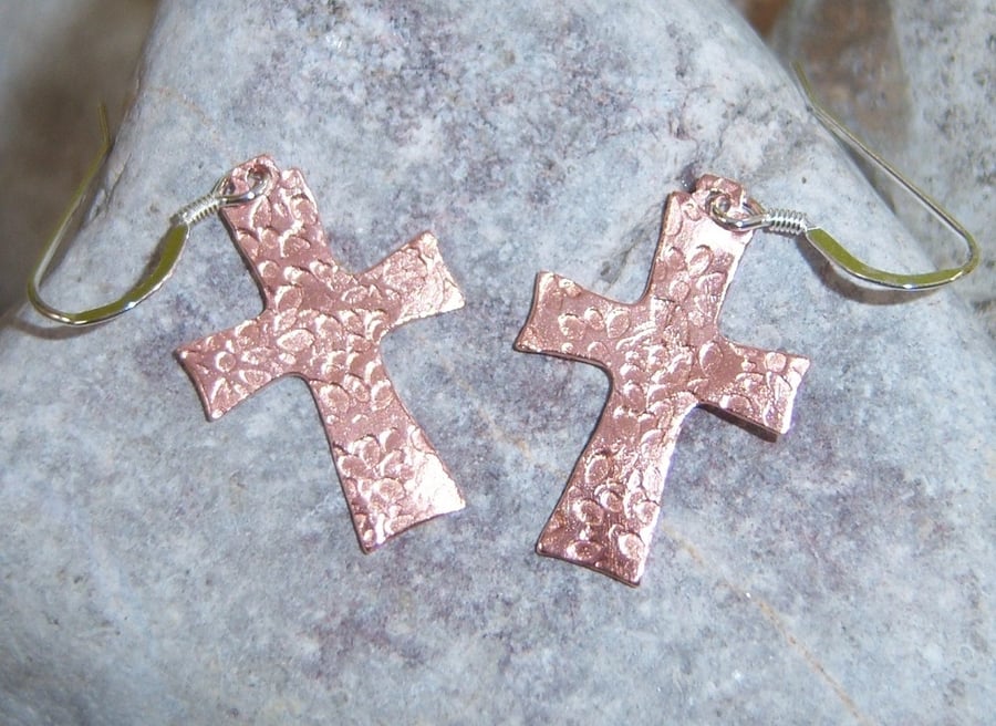 Cross Earrings in Flower Imprinted Copper