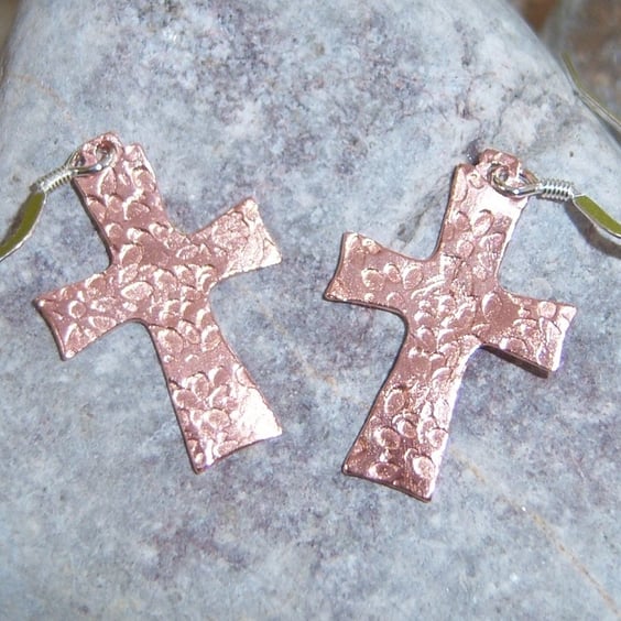 Cross Earrings in Flower Imprinted Copper