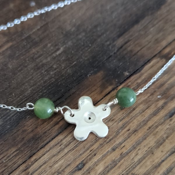 Silver flower pendant with green aventurine beads and silver necklace