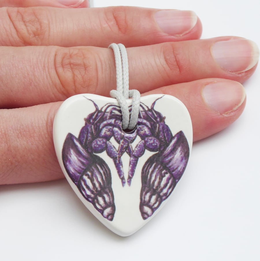 Entwined Hermit Crab Heart Shaped Ceramic Pendant on Grey Cord with Clasp