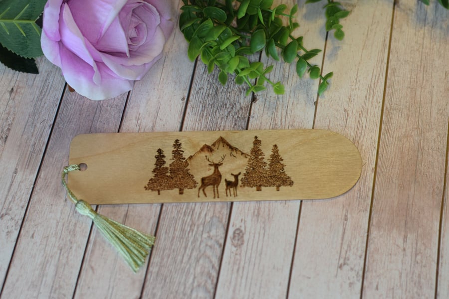 Wooden Pyrography bookmark - Mountain Deer