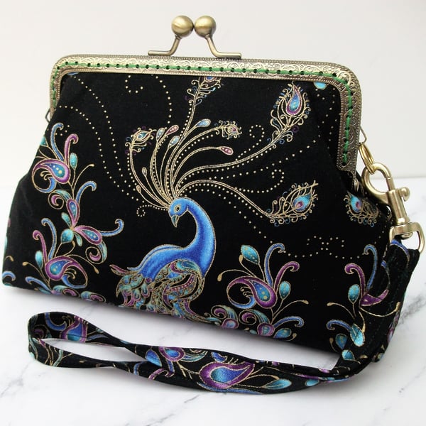 Kiss clasp purse, large purse, small clutch, peacock purse, peacock themed gift,