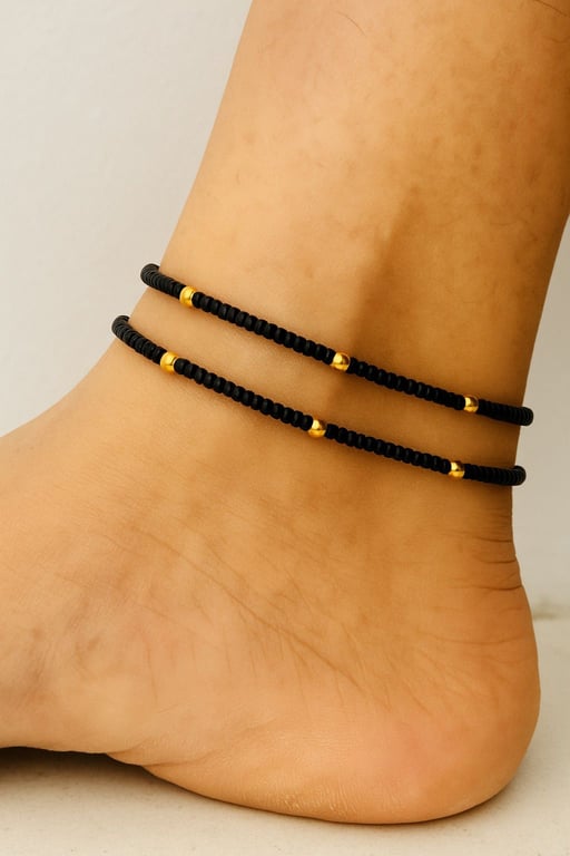 2x beaded anklets - black and gold anklets - minimalist jewellery - gift for her
