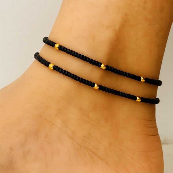 2x beaded anklets - black and gold anklets - minimalist jewellery - gift for her