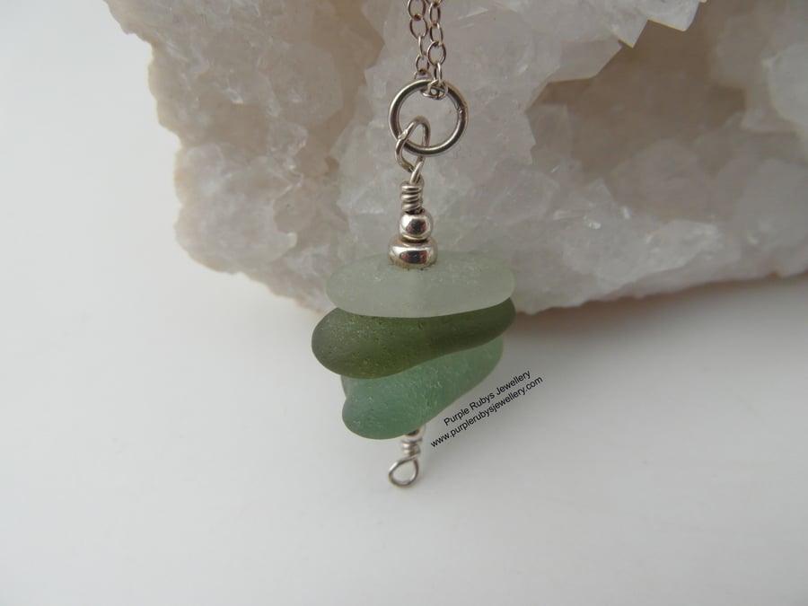 Greens and White Cornish Sea Glass Stack Necklace, Sterling Silver N270