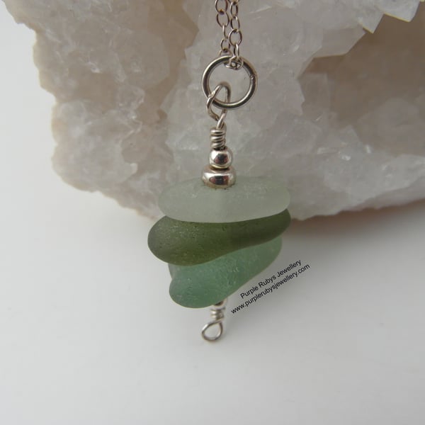 Greens and White Cornish Sea Glass Stack Necklace, Sterling Silver N270