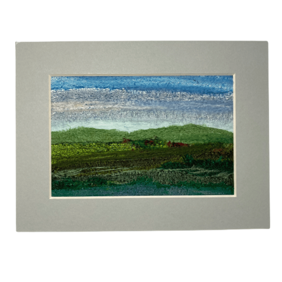 Needle felted picture, silk and wool textile art, distant hills 8"x6"mounted