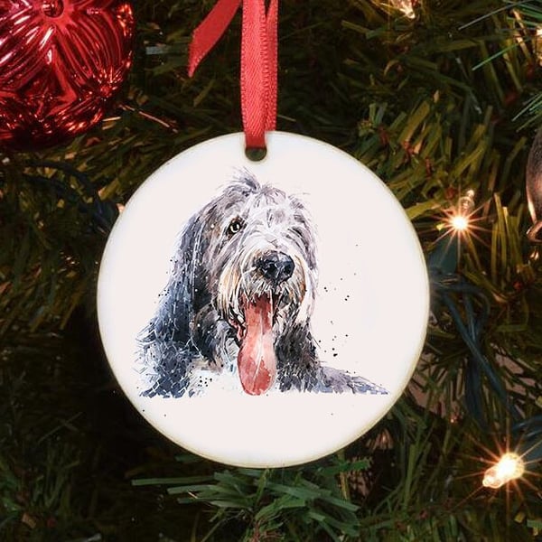 Bearded Collie II Ceramic Circle Tree Decoration.Bearded Collie Xmas Tree Decora