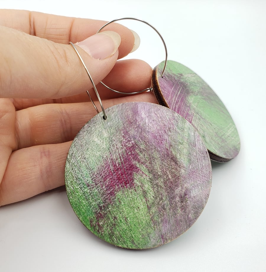 Green and cerise pink wooden hooped earrings 