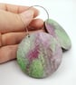 Green and cerise pink wooden hooped earrings  - Image 1
